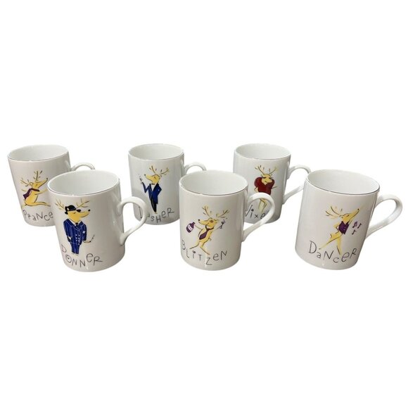 Pottery Barn Set Of 6 Reindeer Character Mugs Dancer Vixen Blitzen Made in Japan - Picture 1 of 11